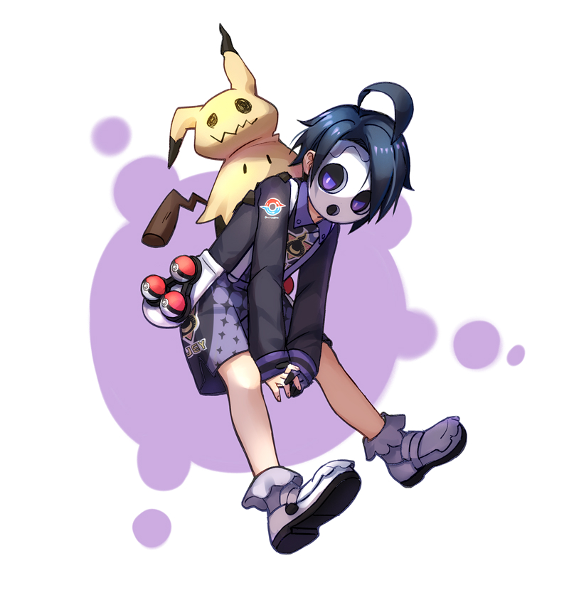 1boy ahoge allister_(pokemon) black_hair chen_(1717) commentary_request full_body game_freak gen_7_pokemon gloves gym_leader long_sleeves looking_at_viewer male_focus mask mimikyu nintendo poke_ball poke_ball_(basic) pokemon pokemon_(creature) pokemon_swsh purple_eyes short_hair shorts simple_background single_glove suspender_shorts suspenders white_background