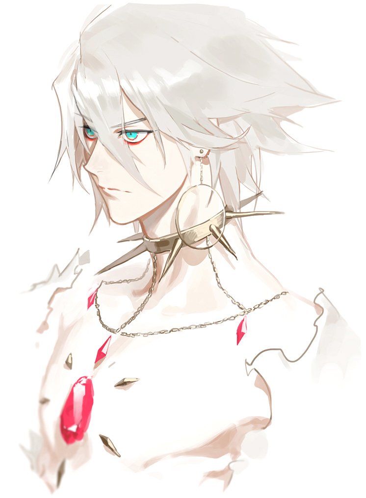 1boy blue_eyes chest_jewel closed_mouth collar earrings eyeliner fate/apocrypha fate_(series) gem hoop_earrings jewelry karna_(fate) makeup male_focus nonockha portrait red_eyeliner red_gemstone serious short_hair solo spiked_collar spiked_hair spikes white_hair