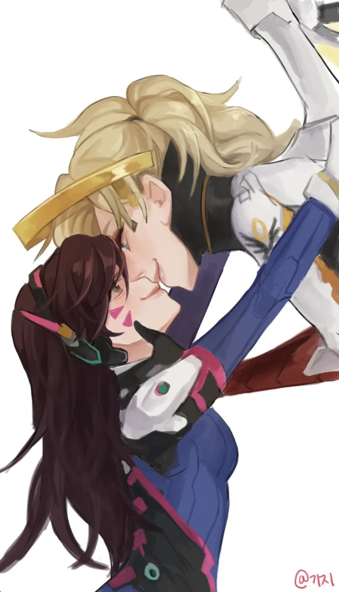 2girls blonde_hair blue_eyes bodysuit breasts brown_eyes brown_hair d.va_(overwatch) face-to-face facial_mark giji-p headphones long_hair looking_at_another mercy_(overwatch) multiple_girls overwatch overwatch_1 ponytail white_background yuri