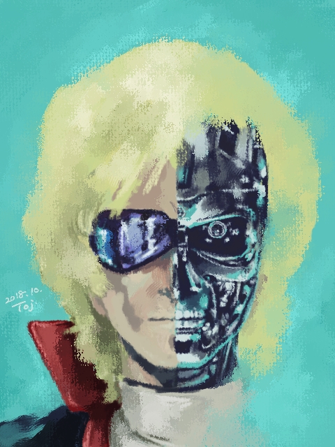 1980s_(style) 1boy aeug android ayk-rs401i blonde_hair crossover cyborg damaged gundam injury looking_at_viewer machinery male_focus military_uniform oekaki oldschool parody portrait quattro_bajeena retro_artstyle reveal robot science_fiction style_parody sunglasses t-800 teeth terminator_(series) the_terminator upper_body yasuhiko_yoshikazu_(style) zeta_gundam