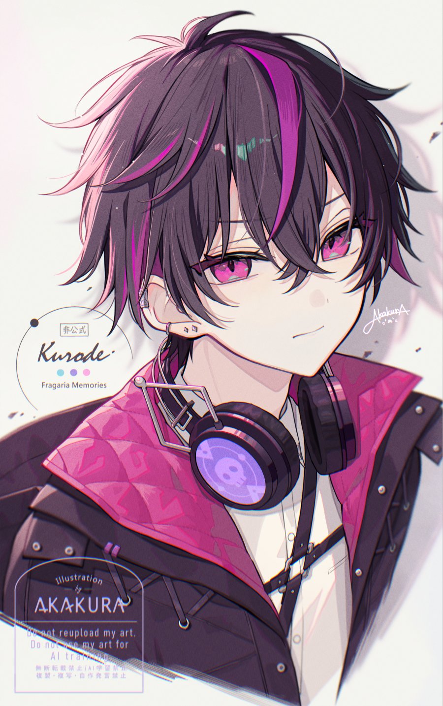 1boy akakura black_hair black_jacket character_name chest_harness collared_shirt copyright_name crossed_bangs ear_piercing earrings film_grain fragaria_memories hair_between_eyes harness headphones headphones_around_neck highres jacket jewelry kurode_(fragaria_memories) light_frown looking_at_viewer male_focus multicolored_hair multicolored_jacket open_clothes open_jacket piercing pink_eyes pink_jacket purple_hair quilted_jacket shadow shirt short_hair signature simple_background skull_print solo streaked_hair stud_earrings upper_body v-shaped_eyebrows watermark white_background white_shirt