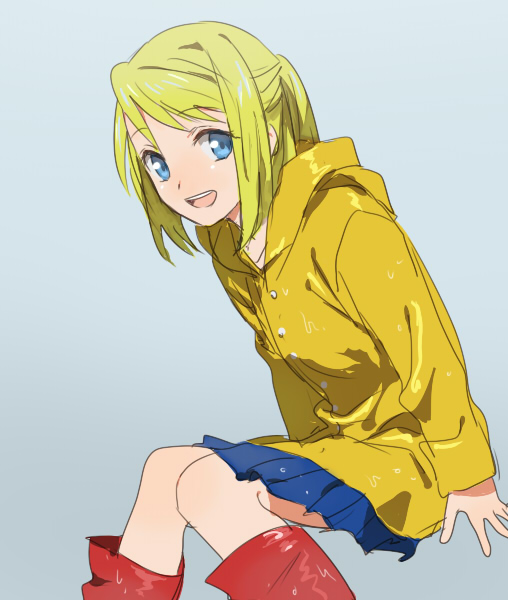 1girl :d aged_down blonde_hair blue_eyes blue_skirt boots eyelashes female_focus fullmetal_alchemist grey_background happy looking_at_viewer open_mouth pink_boots raincoat riru rubber_boots short_hair simple_background sitting skirt smile solo wet wet_clothes winry_rockbell yellow_raincoat