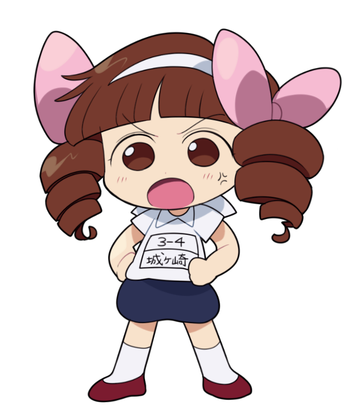 1girl angry blunt_bangs bow brown_eyes brown_hair buruma chibi chibi_maruko-chan child drill_hair eyelashes female_focus hachimaki hair_bow hand_on_own_hip headband ikuchi_osutega jogasaki_himeko jougasaki_himeko long_hair looking_at_viewer multiple_hair_bows no_sclera open_mouth parted_bangs pink_bow pink_ribbon red_shoes ribbon shirt shoes simple_background socks solo sportswear standing twin_drills twintails underwear v-shaped_eyebrows white_shirt white_socks