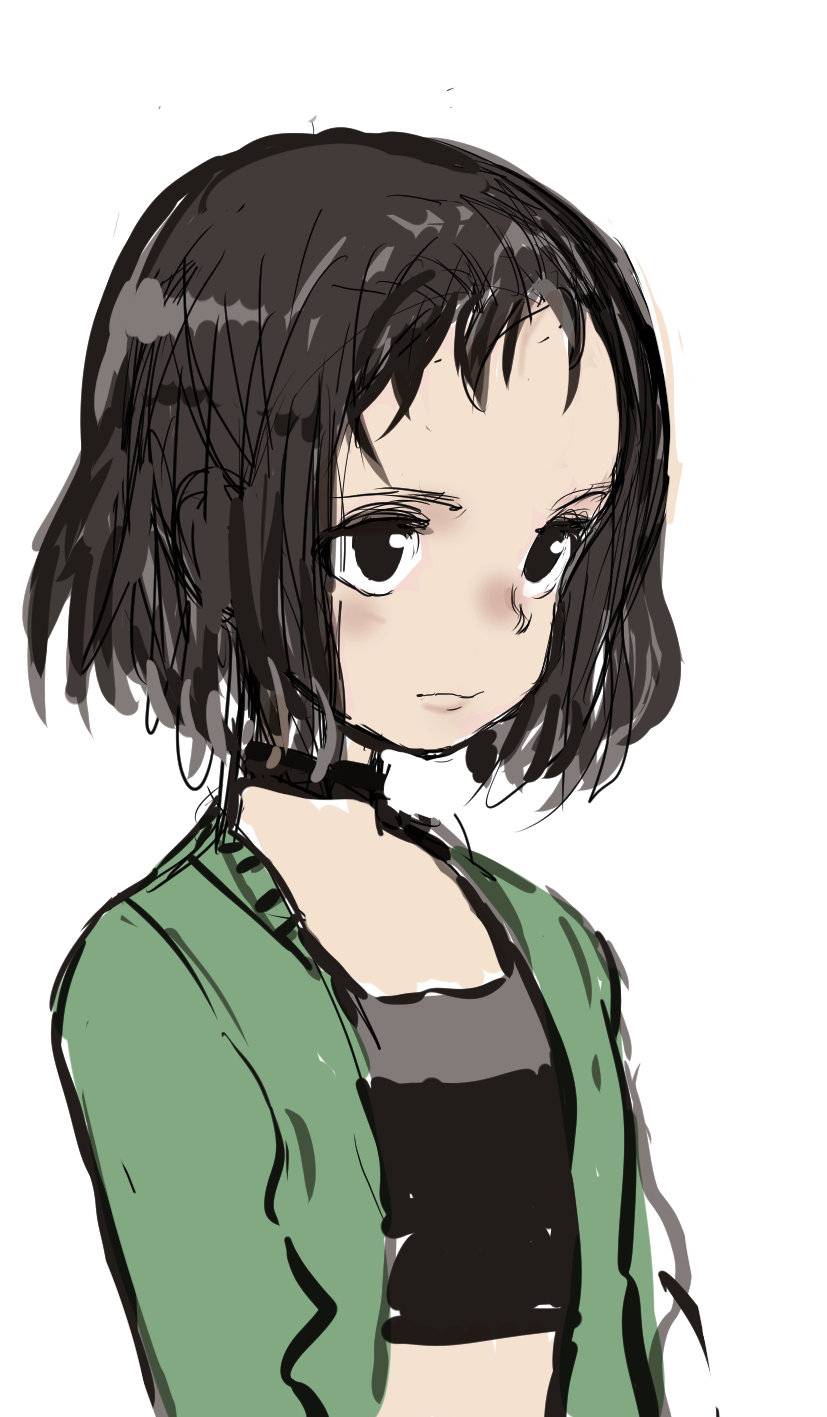 1girl black_choker black_eyes black_tank_top choker commentary_request crop_top green_jacket highres jacket leon_the_professional mathilda_lando open_clothes open_jacket short_bangs short_hair simple_background sketch solo tank_top white_background yamamoto_souichirou
