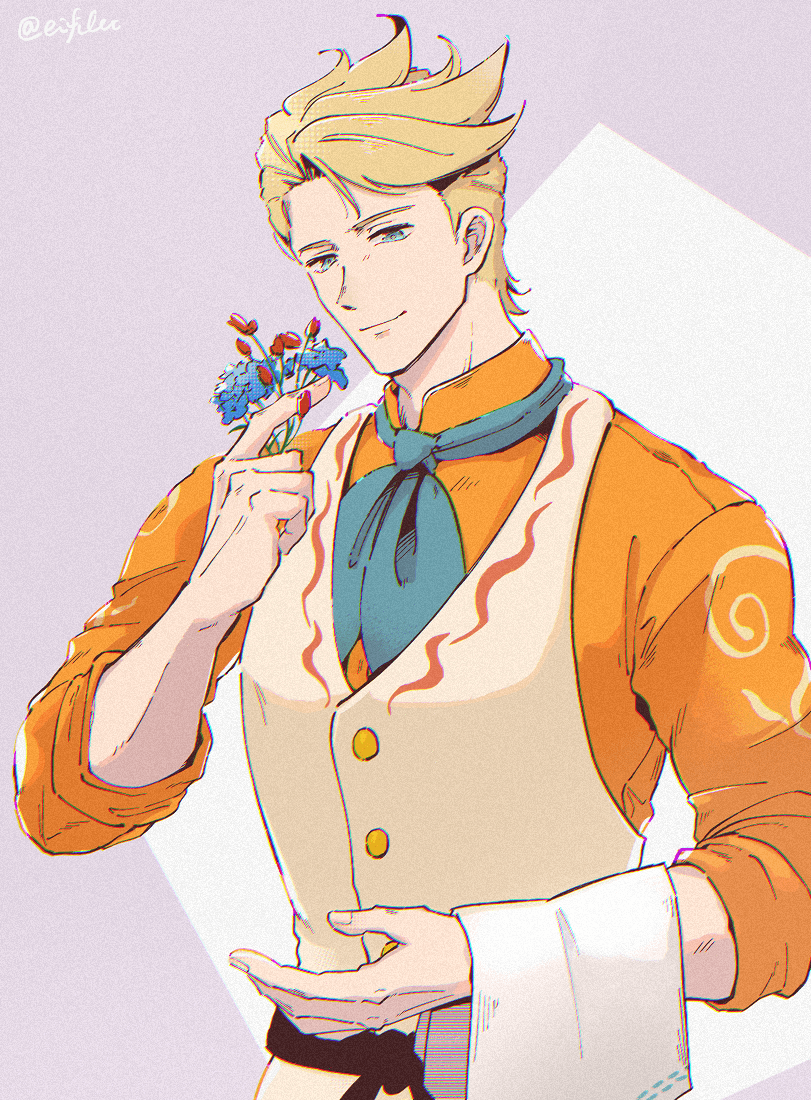 1boy apron aqua_ascot blonde_hair blue_eyes bunet_(fire_emblem) closed_mouth eifilet fire_emblem fire_emblem_engage flower holding holding_flower looking_at_viewer male_focus nintendo orange_shirt shirt upper_body