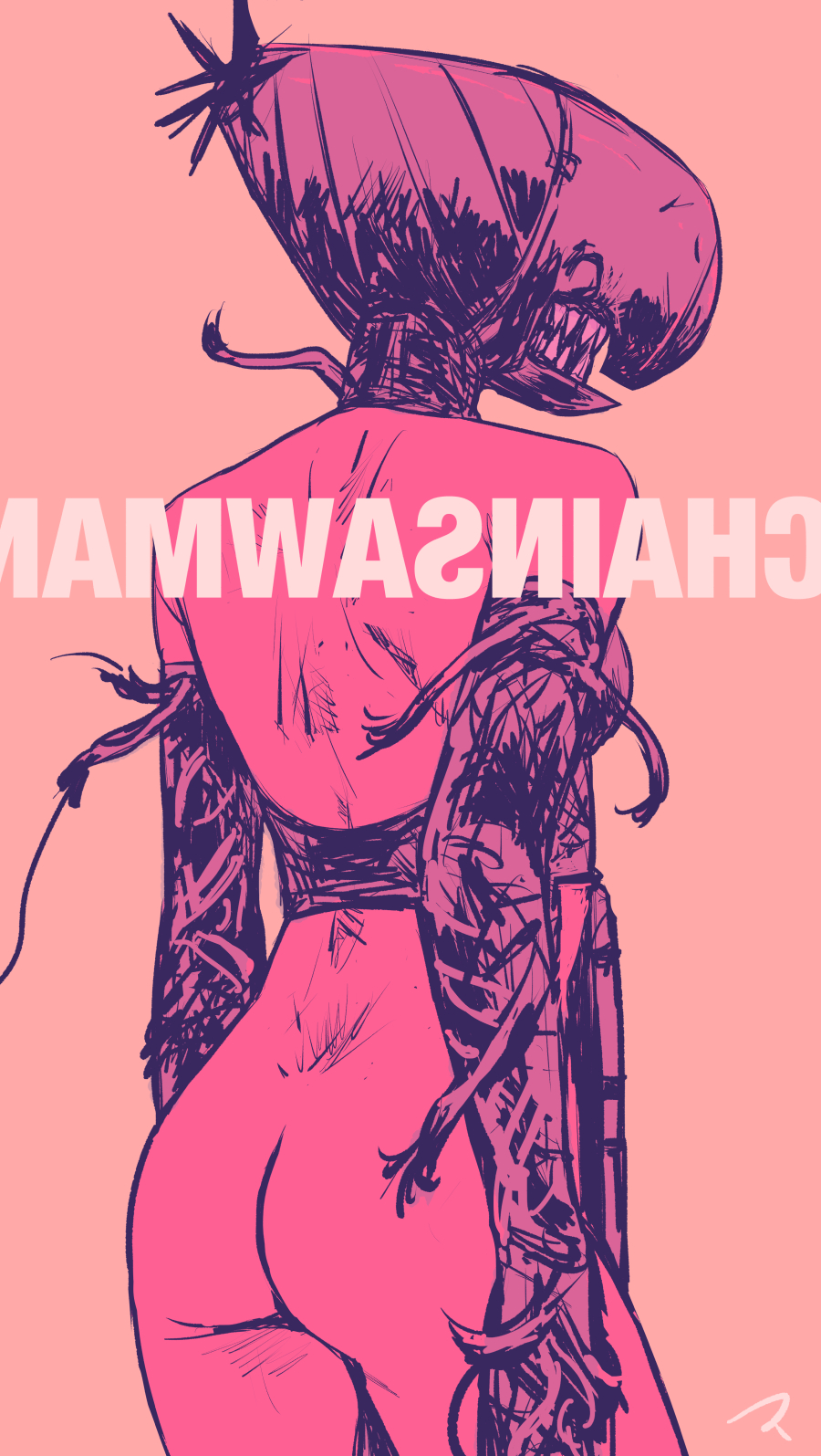 1girl ass backwards_text bare_legs bare_shoulders bomb bomb_devil_(chainsaw_man) chainsaw_man copyright_name dynamite elbow_gloves english_text explosive gloves highres matahei monochrome pink_background pink_theme sharp_teeth signature simple_background solo teeth