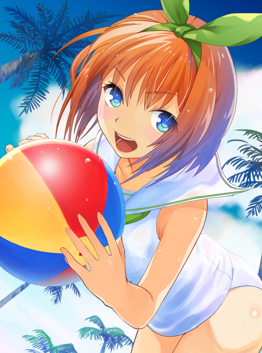 1girl ball beachball blue_eyes day go-toubun_no_hanayome green_ribbon hair_ribbon highres hirokiku holding holding_ball holding_beachball leaning_forward nakano_yotsuba one-piece_swimsuit open_mouth orange_hair outdoors palm_tree ribbon sailor_collar sailor_one-piece_swimsuit short_hair solo swimsuit tree white_one-piece_swimsuit