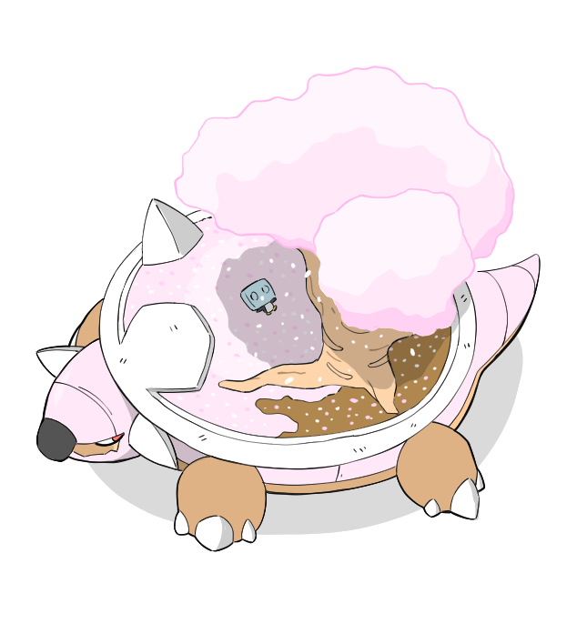 alternate_color animal_focus cherry_blossoms closed_mouth commentary_request eiscue eiscue_(ice) falling_petals fangs gen_4_pokemon gen_8_pokemon igwjgsarifbfo9u lying nintendo no_humans on_back petals pokemon pokemon_(creature) red_eyes simple_background skin_fangs tail torterra tree white_background