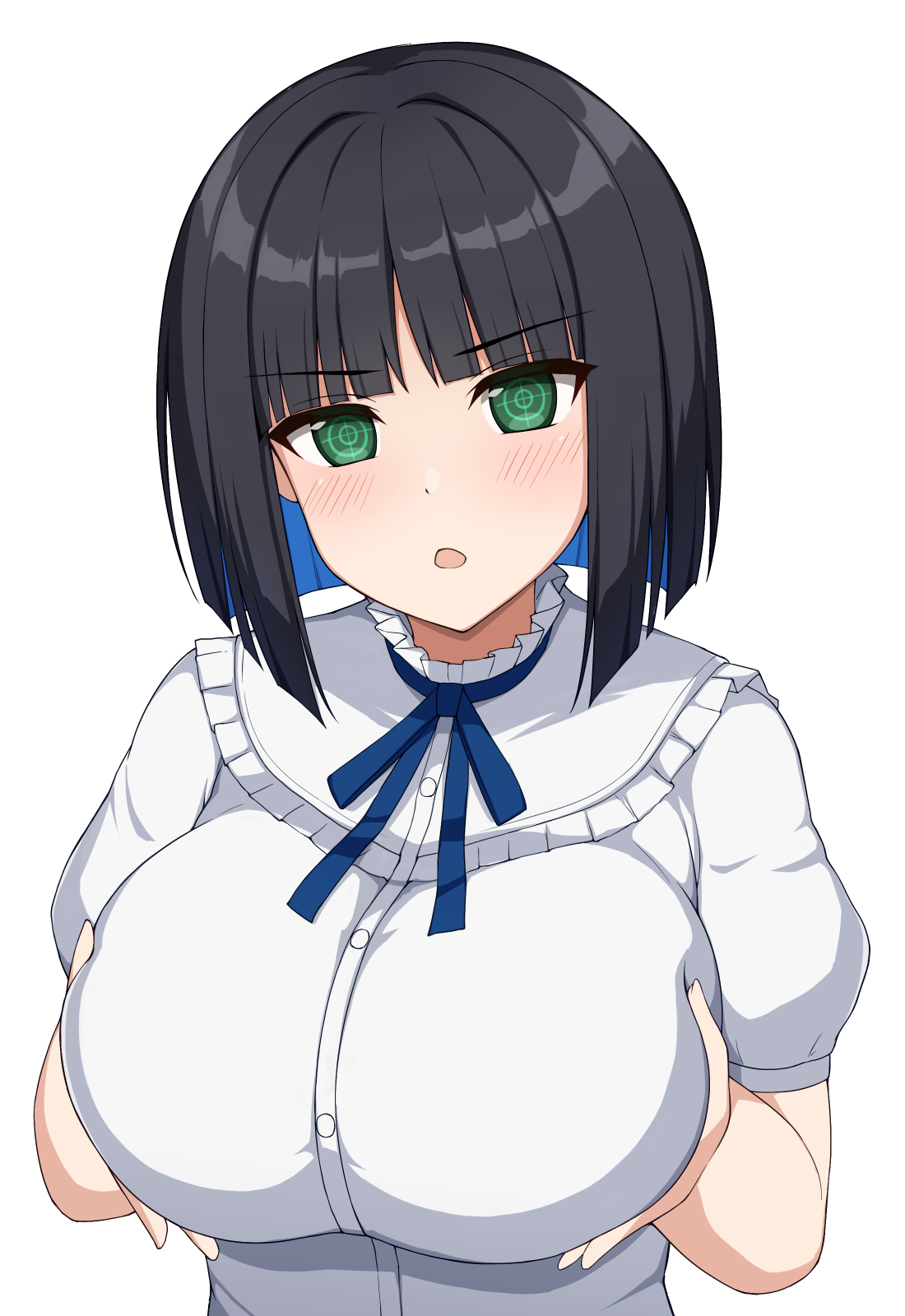 1girl black_hair blue_hair blush breasts colored_inner_hair crosshair_pupils dolphin_wave eines_(dolphin_wave) grabbing_own_breast green_eyes highres large_breasts looking_at_viewer meme multicolored_hair neck_ribbon next_time_you're_getting_this_(meme) open_mouth puffy_short_sleeves puffy_sleeves ribbon shirt short_hair short_sleeves solo toyo_(c8) white_shirt