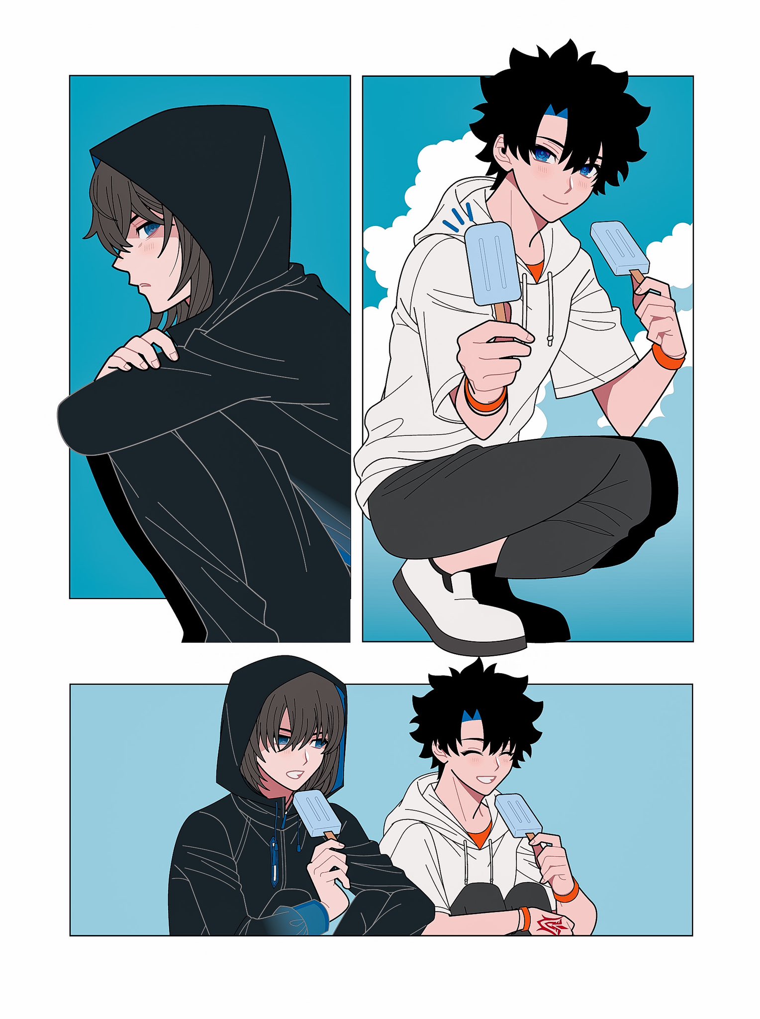 2boys black_hair black_jacket black_pants blue_eyes blurry blurry_background border bracelet brown_hair closed_eyes closed_mouth command_spell disneysmoo drawstring fate/grand_order fate_(series) food fujimaru_ritsuka_(male) fujimaru_ritsuka_(male)_(summer_street) highres hood hood_down hood_up hooded_jacket hoodie jacket jewelry male_focus multiple_boys oberon_(fate) oberon_(moody_summer_oberon)_(fate) oberon_(third_ascension)_(fate) orange_shirt pants parted_lips popsicle sharing_food shirt squatting two-tone_background white_border white_footwear white_hoodie zipper_pull_tab