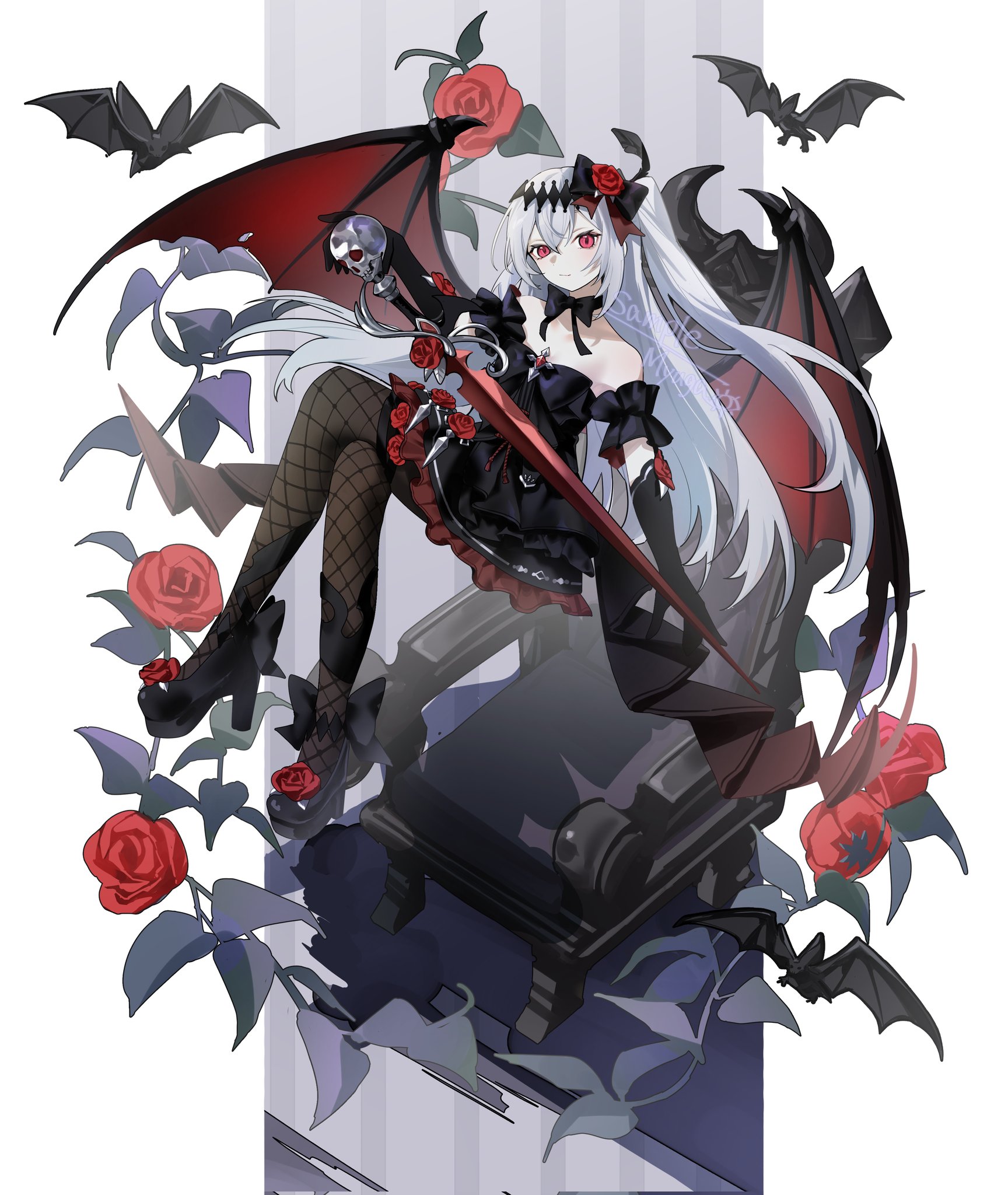 1girl artist_name bare_shoulders bat_(animal) bat_wings black_bow black_bowtie black_dress black_gloves bow bowtie breasts closed_mouth commentary_request commission demon_girl dress elbow_gloves fishnet_pantyhose fishnets flower footwear_flower frilled_dress frills full_body gloves hair_flower hair_ornament highres holding holding_weapon long_hair looking_at_viewer mare_(ac8231) myuga66666 naked_bowtie one_side_up original pantyhose red_eyes red_flower red_rose rose skeb_commission solo throne vampire weapon white_hair wings
