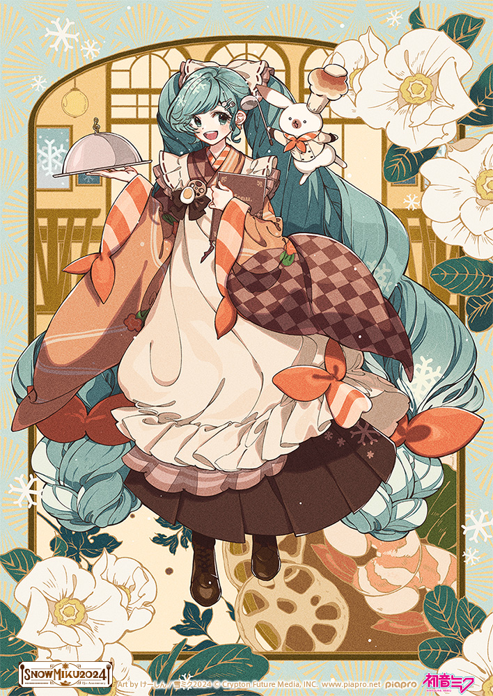 1girl animal apron aqua_hair asymmetrical_sleeves boots bow braid brown_boots brown_bow brown_kimono brown_skirt brown_sleeves butter buttons character_name checkered_clothes checkered_kimono checkered_sleeves chef_hat commentary company_name copyright_notice double-breasted floral_background flower food fork_hair_ornament full_body gradient_hair hair_bow hardboiled_egg hat hatsune_miku holding holding_ladle holding_menu holding_tray jacket japanese_clothes kappougi keishin kimono lace-up_boots ladle long_hair long_skirt lotus_root low_twin_braids menu mismatched_sleeves multicolored_hair neckerchief official_art open_mouth orange_sleeves pink_neckerchief pleated_skirt rabbit rabbit_yukine second-party_source serving_dome skirt smile snowflake_print snowflakes solo spoon_hair_ornament striped_sleeves teeth tray twin_braids twintails upper_teeth_only very_long_hair vocaloid white_apron white_bow white_flower white_jacket wide_sleeves window yuki_miku yuki_miku_(2024)