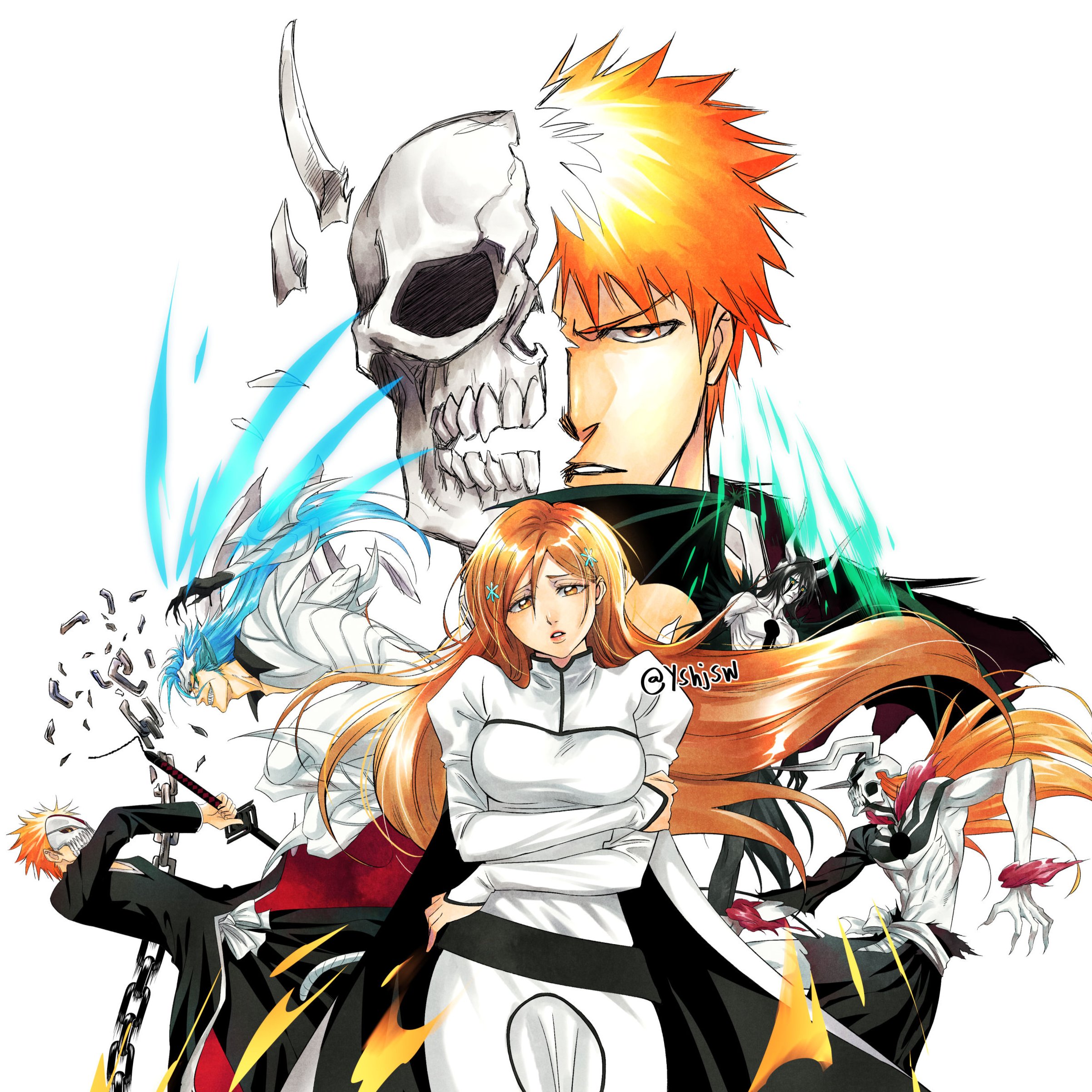 1girl 3boys absurdres alternate_form arm_blade arms_under_breasts artist_name bankai black_hair black_hakama bleach blue_hair breasts broken broken_chain brown_eyes chain chest_tattoo claws colored_sclera colored_skin demon_boy demon_wings evil_smile facial_mark green_sclera grimmjow_jaegerjaquez hair_between_eyes hair_ornament hairpin hakama highres holding holding_sword holding_weapon hole_in_chest hole_on_body hollow_mask inoue_orihime japanese_clothes kurosaki_ichigo large_breasts long_hair looking_at_viewer multiple_boys multiple_views obi official_alternate_costume orange_hair parted_lips pointy_ears resurreccion sash shirt single_sleeve skull slit_pupils smile sword tail tattoo tensa_zangetsu_(bankai) torn_clothes torn_shirt ulquiorra_cifer weapon white_sash white_skin wings yellow_eyes yshjsw