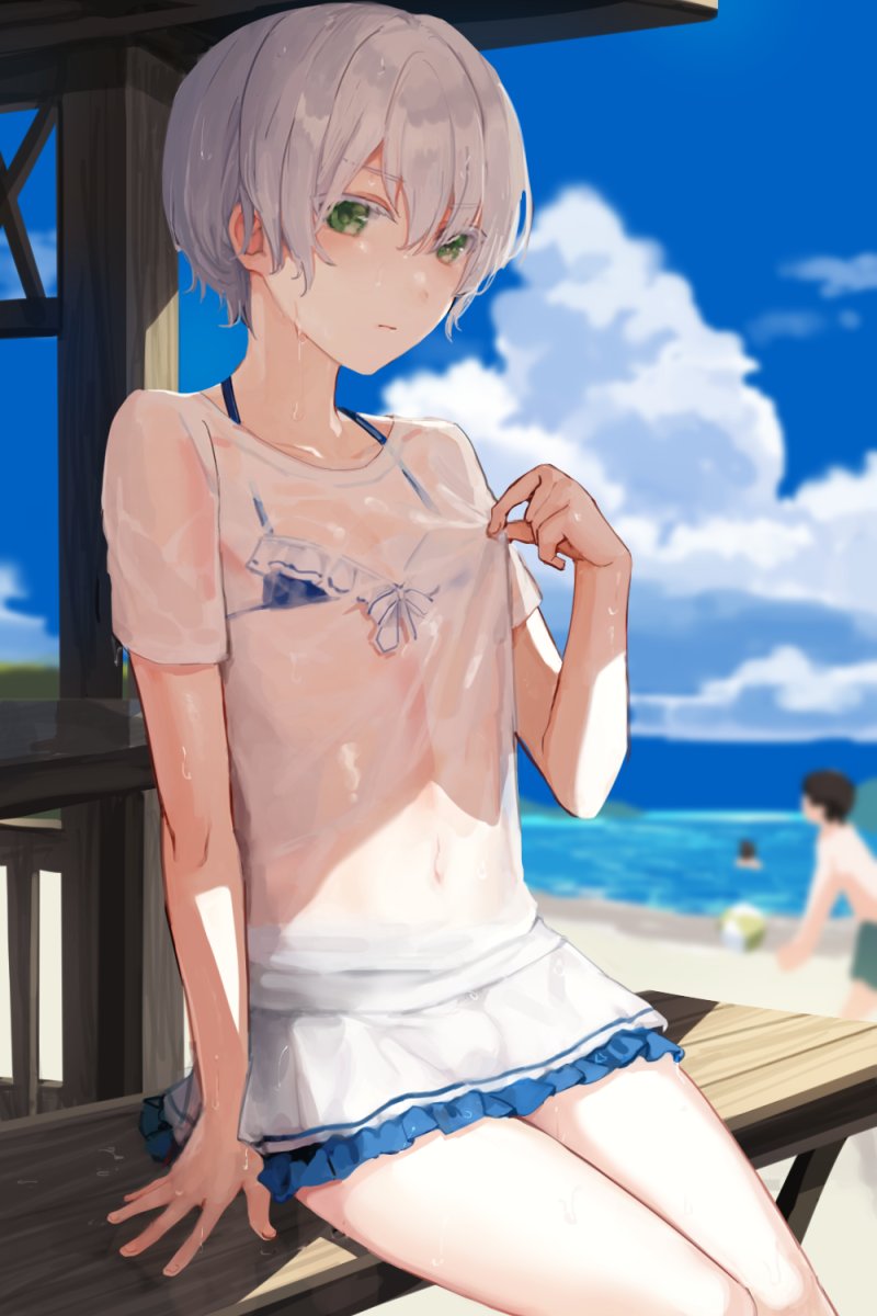 1other 2boys ball beach beach_volleyball bench bikini bikini_skirt bikini_under_clothes blue_bikini closed_mouth cloud cloudy_sky gazebo green_eyes highres multiple_boys navel original outdoors playing_sports shirt shirt_tug short_sleeves sitting sky solo_focus sunaba_(nczd5875) swimsuit t-shirt trap volleyball volleyball_(object) wet wet_clothes wet_hair white_hair white_shirt