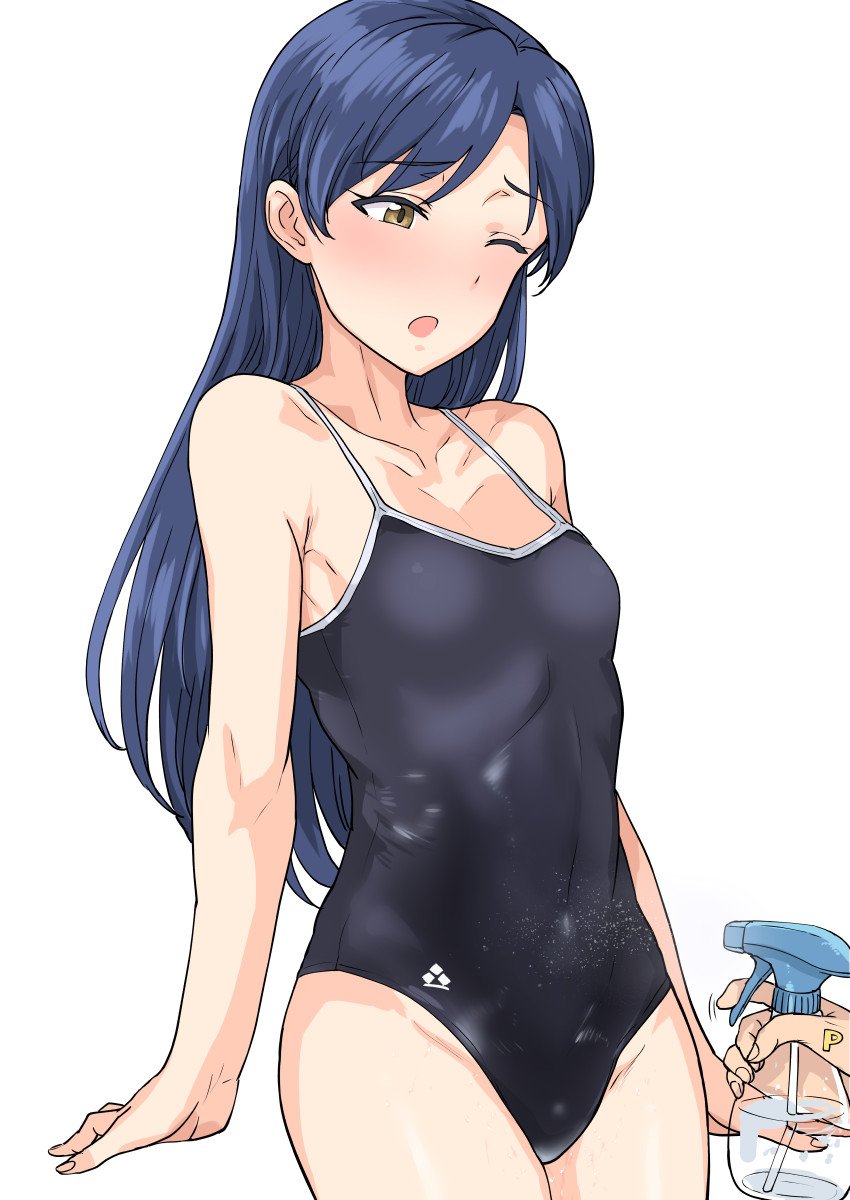 1boy 1girl :o arena_(company) armpit_crease bare_arms bare_shoulders black_one-piece_swimsuit blue_hair blush bottle breasts brown_eyes collarbone commentary_request competition_school_swimsuit cowboy_shot highres holding idolmaster idolmaster_(classic) kisaragi_chihaya logo long_hair one-piece_swimsuit one_eye_closed open_mouth producer school_swimsuit simple_background small_breasts solo spray_bottle standing swimsuit tsurui white_background