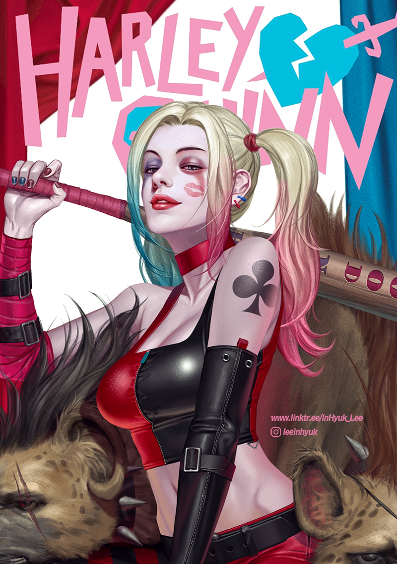 1girl bare_shoulders blonde_hair breasts colored_eyelashes commentary dc_comics detached_sleeves earrings english_commentary gloves harley_quinn hyena in-hyuk_lee jewelry lipstick long_hair looking_at_viewer makeup medium_breasts multiple_earrings nail_polish official_art pink_hair ponytail scar scar_across_eye scar_on_face solo swimsuit upper_body
