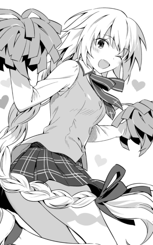 1girl :d ;d alternate_costume bow bowtie braid breasts collared_shirt fate/grand_order fate_(series) hair_ribbon hanabana_tsubomi heart holding holding_pom_poms homurabara_academy_school_uniform jeanne_d&#039;arc_(fate) jeanne_d&#039;arc_(ruler)_(fate) long_braid long_hair long_sleeves looking_at_viewer medium_breasts one_eye_closed open_mouth plaid_clothes plaid_skirt pom_pom_(cheerleading) pom_poms ribbon school_uniform shirt simple_background skirt smile solo teeth upper_teeth_only vest