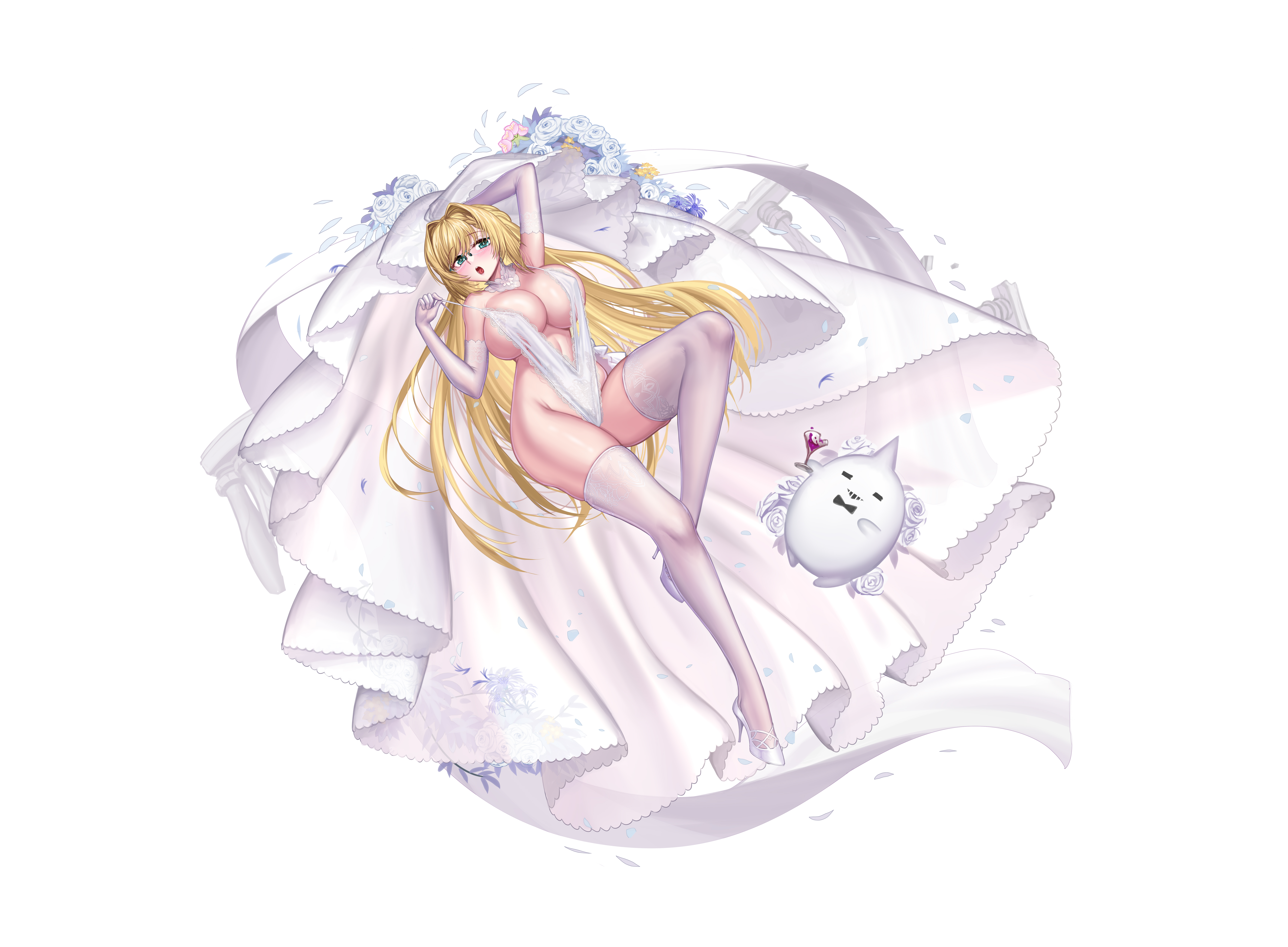 1girl absurdres blonde_hair breasts elbow_gloves emden_(warship_girls_r) glasses gloves high_heels highres huge_breasts leotard long_hair navel onceskylark thighhighs very_long_hair warship_girls_r white_gloves white_high_heels white_leotard white_thighhighs