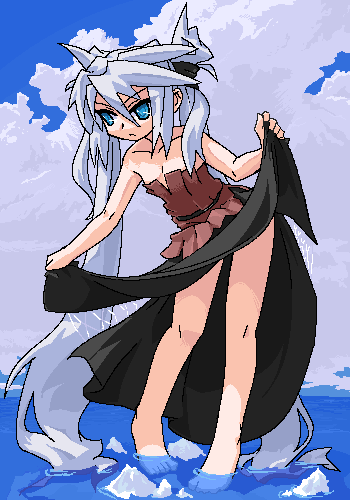 1girl :&lt; absurdly_long_hair aliasing bare_arms bare_legs bare_shoulders barefoot black_ribbon black_skirt blue_eyes closed_mouth clothes_lift cloud cloudy_sky collarbone day eyes_visible_through_hair female_focus flat_chest full_body hair_between_eyes hair_ribbon horizon ice lifting_own_clothes long_hair long_skirt looking_to_the_side lowres mof mof&#039;s_silver_haired_twintailed_girl ocean oekaki original outdoors ribbon rock skirt skirt_lift sky solo standing strapless tsurime tube_top twintails very_long_hair wading water white_hair
