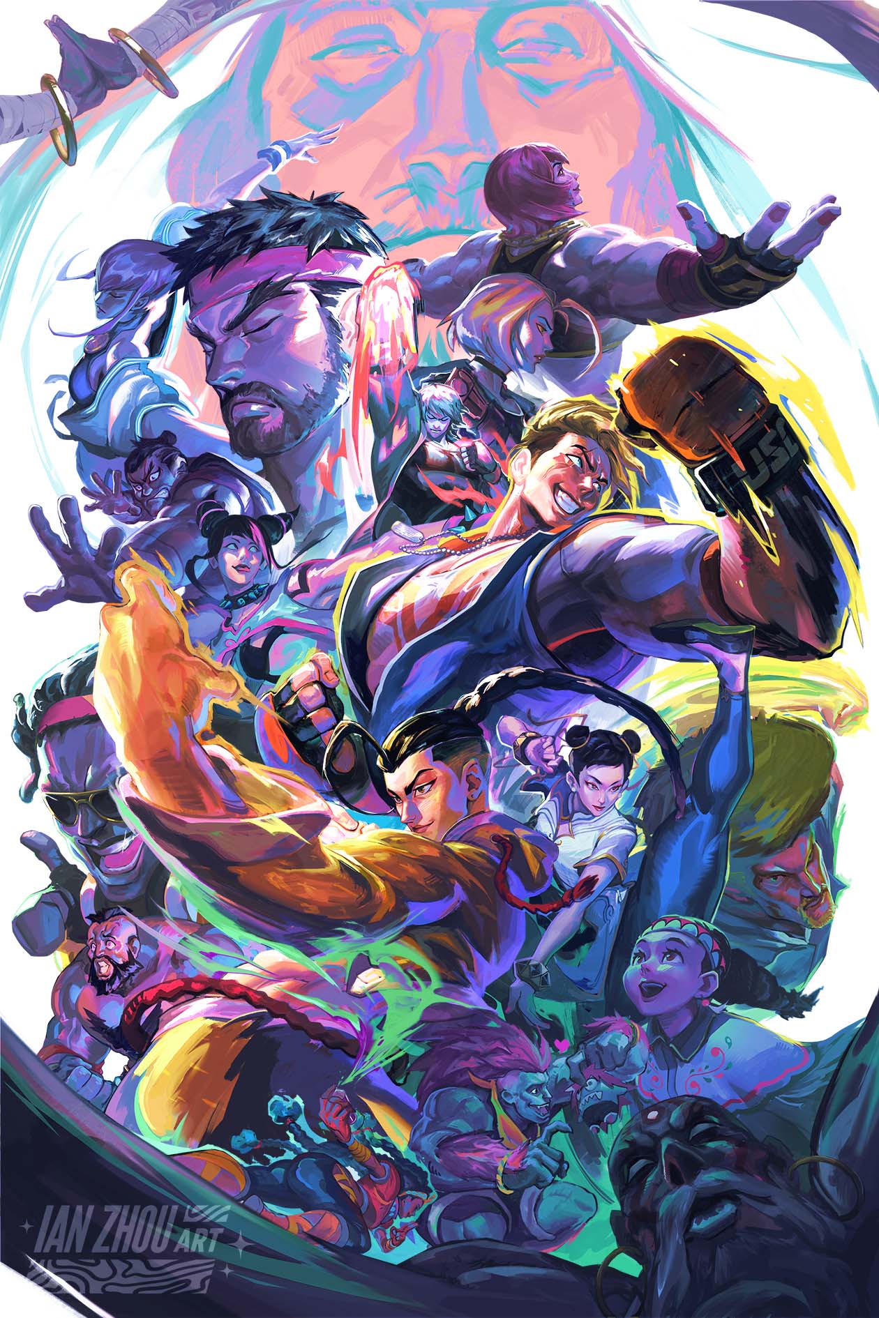 6+boys 6+girls black_hair blanka blanka-chan blonde_hair cammy_white capcom chun-li dee_jay dhalsim e._honda everyone fire grin guile hair_horns han_juri headband high_kick highres ianzhouart jamie_siu jp_(street_fighter) ken_masters kicking kimberly_jackson lily_hawk luke_sullivan manon_legrand marisa_(street_fighter) multiple_boys multiple_girls muscular muscular_female muscular_male pink_hair punching red_hair red_headband ryu_(street_fighter) short_hair smile street_fighter street_fighter_6 sunglasses very_short_hair zangief