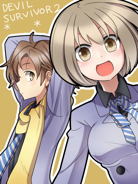 10s 1boy 1girl bad_id bad_pixiv_id brown_eyes brown_hair devil_survivor_(series) devil_survivor_2 necktie nitta_io scarf school_uniform shijima_daichi short_hair smile yabu_(yb8548)
