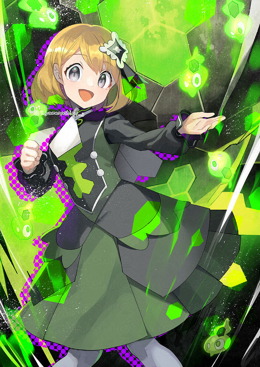 1girl :d blonde_hair clenched_hand commentary_request dress game_freak gen_6_pokemon grey_eyes grey_pantyhose hair_ornament happy legendary_pokemon long_sleeves looking_at_viewer nintendo official_alternate_costume open_mouth pantyhose pokemon pokemon_(creature) pokemon_masters_ex serena_(pokemon) serena_(sygna_suit)_(pokemon) short_hair smile tongue yamanashi_taiki zygarde zygarde_cell