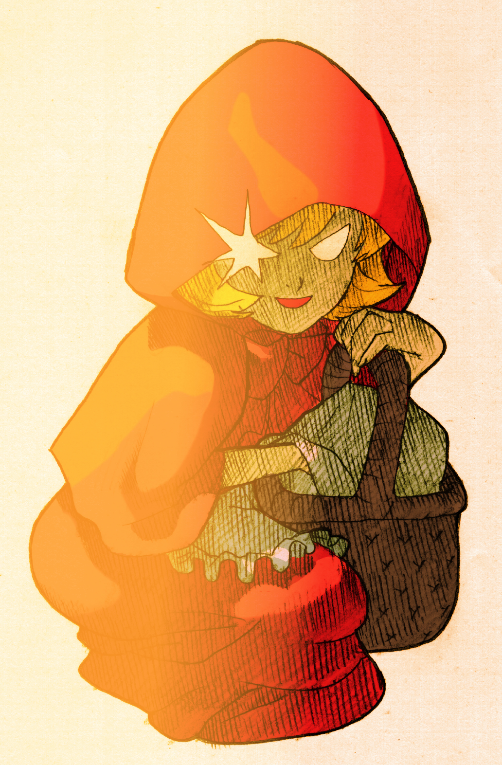 1girl apron b.b._hood basket bengus blonde_hair boots capcom darkstalkers dress evil_smile facing_viewer game_cg highres hood looking_at_viewer marvel_vs._capcom marvel_vs._capcom_2 no_pupils non-web_source official_art open_mouth picnic_basket red_hood simple_background smile solo standing tsurime