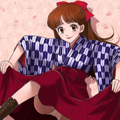 1girl arrow_print boots brown_eyes brown_hair female_focus haikara-san_ga_tooru hakama hakama_skirt hanamura_benio haruyama_kazunori japanese_clothes lipstick long_hair lowres makeup meiji_schoolgirl_uniform panties pantyshot red_hakama skirt smile solo underwear yagasuri
