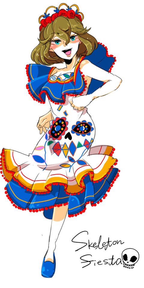 1girl animification battteen_d blue_eyes brown_hair clarice_(disney) dress eyelashes flower full_body hair_flower hair_ornament humanization looking_at_viewer mexican_dress mickey_mouse_&amp;_friends open_mouth personification short_hair smile solo