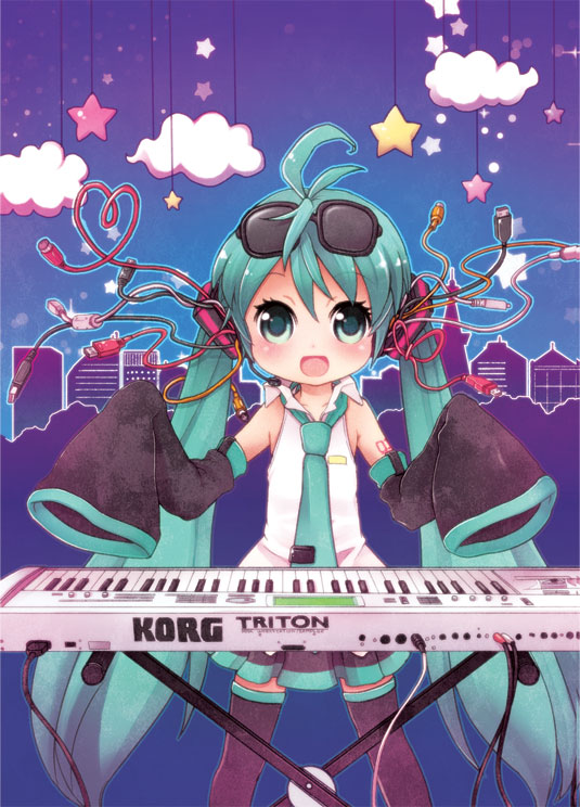 1girl :d ahoge aqua_eyes aqua_hair cable cityscape cloud detached_sleeves eyewear_on_head female_focus hatsune_miku headset instrument keyboard keyboard_(instrument) korg_triton long_hair necktie open_mouth shinryou_rei skirt sleeves_past_wrists smile solo star_(symbol) sunglasses thighhighs twintails usb very_long_hair vocaloid zettai_ryouiki