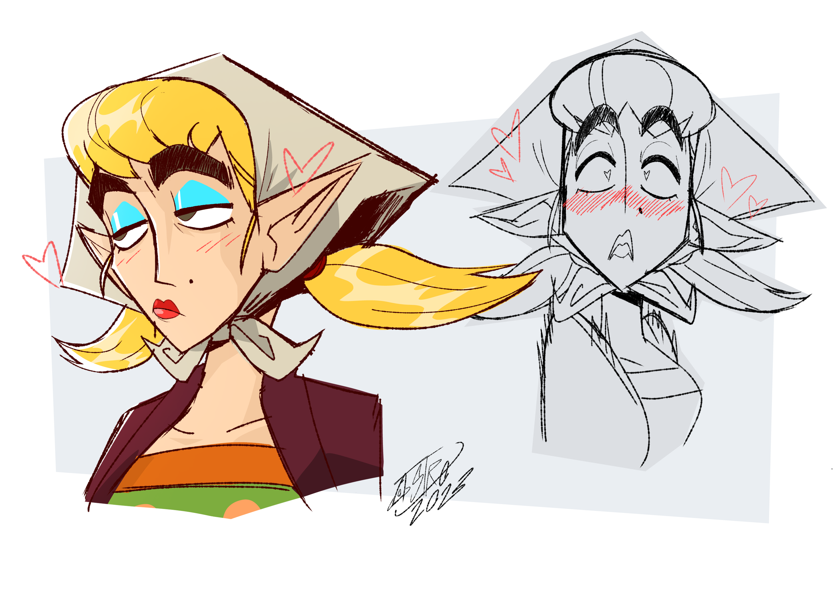1girl bandana blonde_hair eyeshadow lips lipstick low_twintails makeup medium_hair mole mole_on_cheek nintendo peatrice_(zelda) pointy_ears the_legend_of_zelda the_legend_of_zelda:_skyward_sword twintails