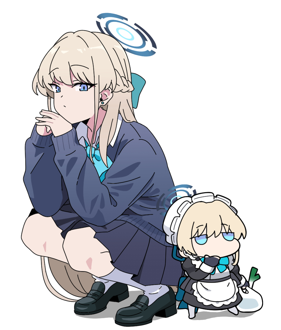 2girls apron bag black_dress black_gloves black_shoes blonde_hair blue_archive blue_bow blue_cardigan blue_eyes blue_skirt bow cardigan commentary_request dress dual_persona fingerless_gloves gloves hair_between_eyes hairband holding holding_bag long_hair looking_at_viewer multiple_girls nyaru_(nyaru_4126) plastic_bag shirt shoes sidelocks skirt socks spring_onion squatting toki_(blue_archive) toki_(school_uniform)_(blue_archive) white_apron white_hairband white_shirt white_socks