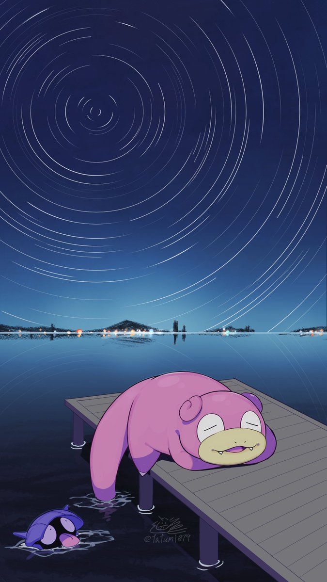 artist_name city_lights dock fang gen_1_pokemon highres horizon in_water mountain mountainous_horizon night night_sky nintendo no_humans outdoors pink_fur pink_tail pokemon pokemon_(creature) pokemon_focus shellder sky slowpoke star_(sky) star_trail tatsumi_(panneko) watermark