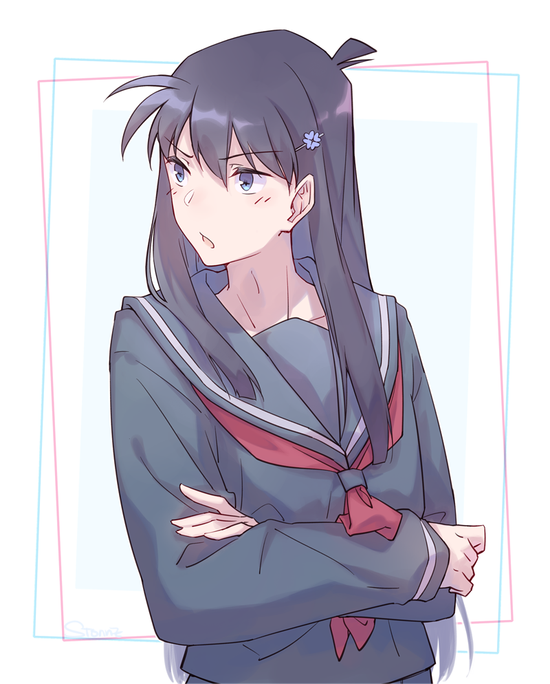 1girl antenna_hair black_hair black_sailor_collar black_serafuku black_shirt blue_eyes border crossed_arms hair_ornament hairclip koizumi_akako long_hair looking_to_the_side magic_kaito neckerchief open_mouth outside_border red_neckerchief sailor_collar school_uniform serafuku shirt sionne7724 solo upper_body