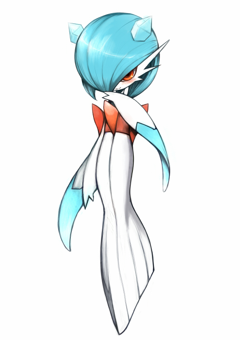 alternate_color blue_hair blush colored_skin cosplay daiquiri dress froslass froslass_(cosplay) gardevoir gen_3_pokemon gen_4_pokemon hair_over_one_eye horns ice_horns nintendo orange_eyes pokemon pokemon_(creature) shiny_pokemon simple_background smile white_background white_dress white_skin wide_sleeves