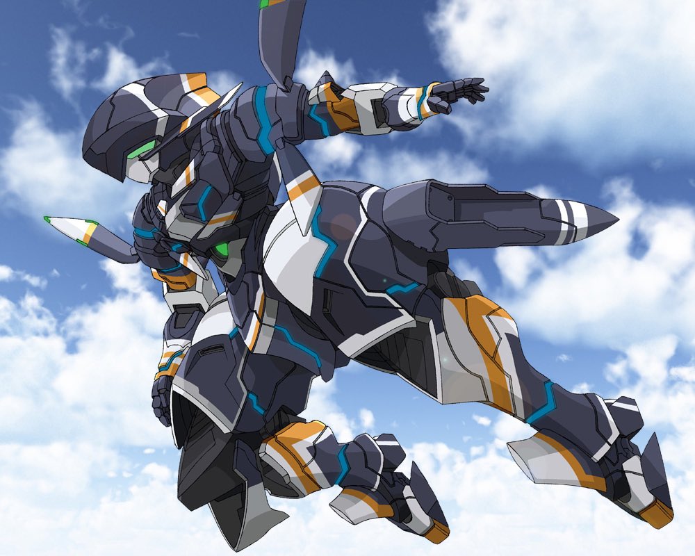 ayakaze_satsuki blue_sky chamber_(suisei_no_gargantia) cloud cloudy_sky commentary_request flying full_body green_eyes looking_ahead mecha no_humans open_hands robot science_fiction sky solo suisei_no_gargantia