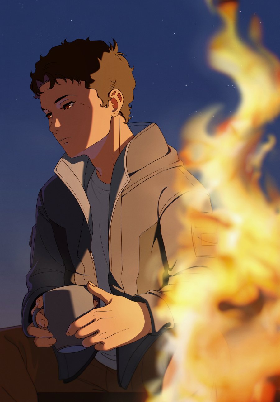 1boy blurry blurry_foreground brown_hair brown_pants closed_mouth cup enelous feet_out_of_frame fire grey_jacket gundam gundam_hathaway&#039;s_flash hathaway_noa highres holding holding_cup jacket looking_to_the_side male_focus mug night night_sky outdoors pants red_eyes shirt short_hair sky solo star_(sky) steam t-shirt very_short_hair white_shirt