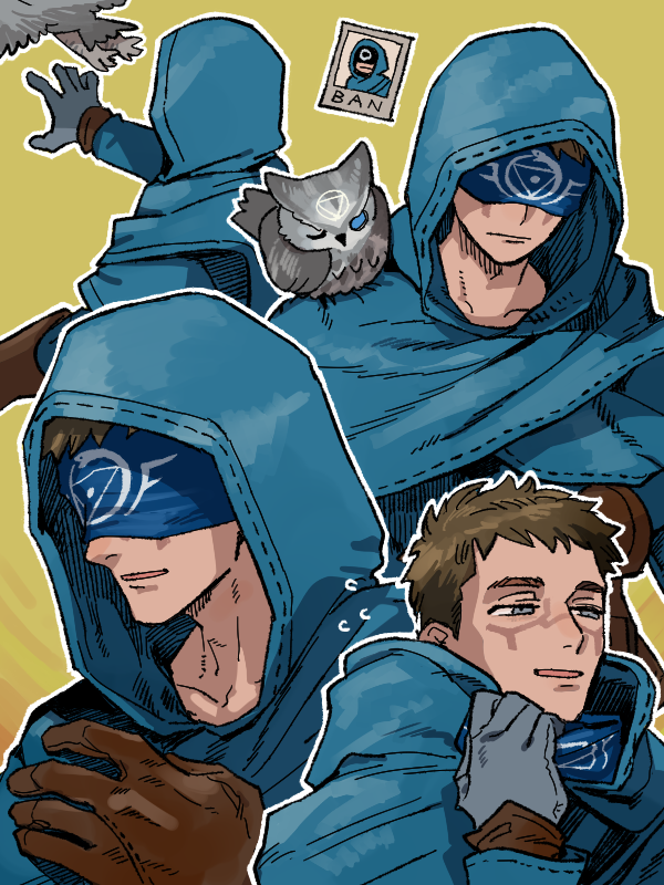 1boy animal animal_on_shoulder bird blindfold colored_blindfold blue_cloak brown_gloves brown_hair cloak eli_clark facial_mark flying_sweatdrops gloves grey_eyes hood hood_down hooded_cloak identity_v male_focus michiru_(amphibian) multiple_views no_blindfold owl photo_(object) short_hair smile yellow_background