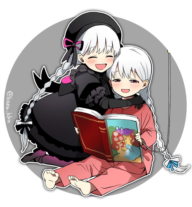 10s 2girls alice_(fate) black_dress book braid dress fate/extra fate/grand_order fate_(series) hug kana multiple_girls nursery_rhyme_(fate) nursery_rhyme_(fate/grand_order) pajamas smile