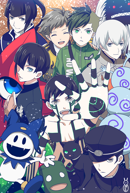 6+boys black_hair blue_eyes bowl_cut brown_hair crossover demi-fiend devil_summoner eyelashes flynn_(megami_tensei) full-body_tattoo gloves gouto in-franchise_crossover jack_frost_(megami_tensei) kuzunoha_raidou long_hair looking_at_viewer machinosuke male_focus multiple_boys nanashi_(megami_tensei) protagonist_(smtv) school_uniform serph shin_megami_tensei shin_megami_tensei_i shin_megami_tensei_ii shin_megami_tensei_iii:_nocturne shin_megami_tensei_iv shin_megami_tensei_iv_final shin_megami_tensei_v short_hair simple_background smile tattoo topless_male yellow_eyes