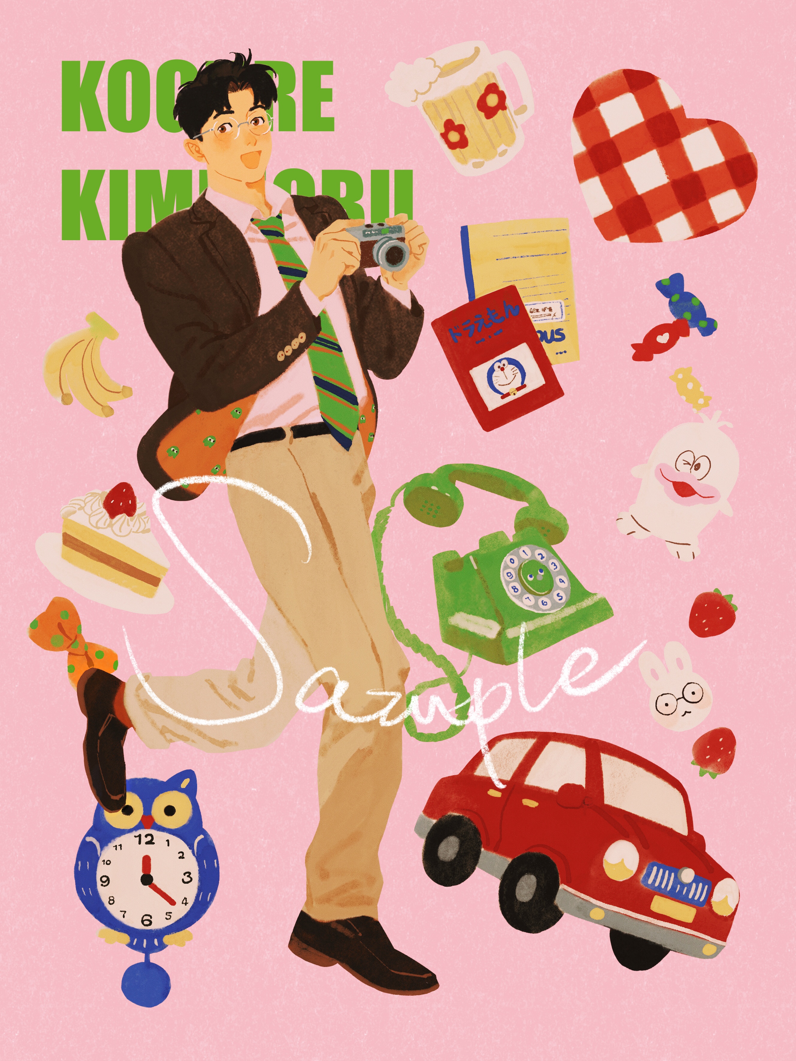 1boy absurdres alcohol animalization antique_phone banana beer beer_mug black_hair book brown_eyes brown_hair brown_jacket brown_pants camera candy car character_name chengongzi123 clock collared_shirt cup food fruit full_body glasses green_necktie hands_up highres holding holding_camera jacket kogure_kiminobu long_sleeves looking_at_viewer motor_vehicle mug necktie open_mouth pants phone pink_background pink_shirt rabbit rotary_phone round_eyewear semi-rimless_eyewear shirt short_hair simple_background slam_dunk_(series) solo standing standing_on_one_leg strawberry striped_necktie very_short_hair