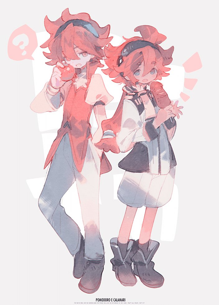 1boy 1girl ? asymmetrical_sleeves black_footwear black_hairband blue_eyes boots food fried_squid gundam gundam_build_fighters gundam_suisei_no_majo hair_between_eyes hairband holding holding_food italian_text jacket looking_at_viewer orange_eyes pants red_hair red_vest reiji_(gundam_bf) shirt shorts speech_bubble spoken_question_mark suletta_mercury tomato trait_connection urakata_(uracata) vest white_jacket white_pants white_shorts yellow_shirt