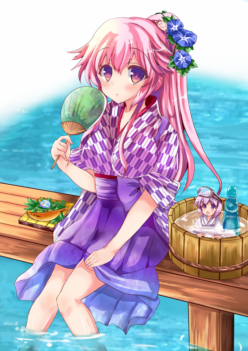 2girls :d alternate_costume alternate_hairstyle bashamichi bathing breasts bucket diving_mask diving_mask_on_head fish flower food fox fox_hair_ornament goggles goggles_on_head gradient_background hair_flower hair_ornament hakama hakama_hold hakama_skirt hand_fan hata_no_kokoro japanese_clothes kimono large_breasts long_hair looking_at_viewer mini_person minigirl morning_glory multiple_girls obi open_mouth paper_fan partially_submerged pink_hair plate ponytail purple_eyes purple_hair ramune sash short_hair sitting skirt sleeves_rolled_up smile soaking_feet sukuna_shinmyoumaru touhou uchiwa very_long_hair water wooden_beam wooden_bucket yagasuri yukata yuzuyunagi