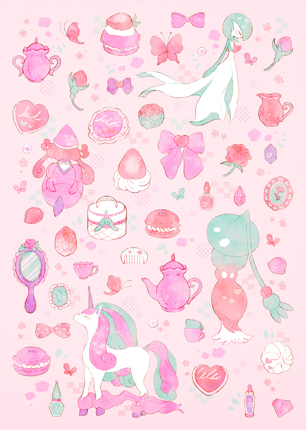 bob_cut bow bug butterfly colored_skin comb cup dress flower food galarian_form galarian_rapidash gardevoir gem gen_3_pokemon gen_7_pokemon gen_8_pokemon green_hair hand_mirror hat hatenna hatterene heart highres horns insect kappaman legendary_pokemon long_hair macaron mirror multicolored_hair multicolored_skin nintendo pink_background pokemon pokemon_(creature) prehensile_hair rose single_horn tapu_lele teacup teapot two-tone_skin unicorn white_dress white_skin witch_hat