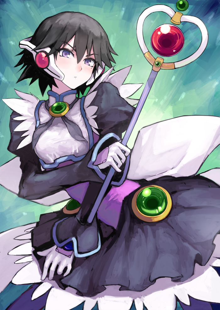 1990s_(style) 1girl black_hair bodice breasts commentary corrector_yui female_focus fushoku gloves magical_girl mole purple_eyes retro_artstyle shinozaki_ai short_hair small_breasts solo wand