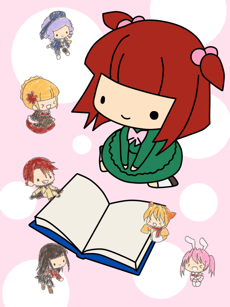 &gt;_&lt; 2boys 5girls :&gt; aged_down animal_ears beatrice_(umineko) black_hair blonde_hair book cape chibi chiester45 child dlanor_a._knox dress drill_hair flower grin hair_bobbles hair_bun hair_flower hair_ornament hat kashiwa_kiseri lion_ears lucifer_(umineko) multiple_boys multiple_girls open_book pink_hair purple_hair rabbit_ears red_hair sakutarou_(umineko) single_hair_bun sitting smile spoilers twintails two_side_up umineko_no_naku_koro_ni ushiromiya_ange ushiromiya_battler wariza