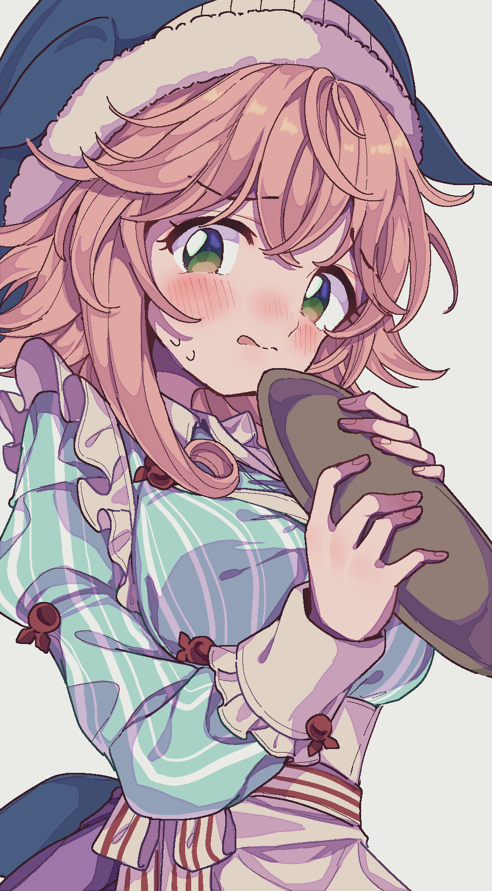 1girl blue_hat blue_shirt blush commentary_request green_eyes hat highres holding holding_tray juliet_sleeves long_sleeves okunoda_miyoi pink_hair puffy_sleeves satomachi shirt solo touhou tray upper_body whale_hat