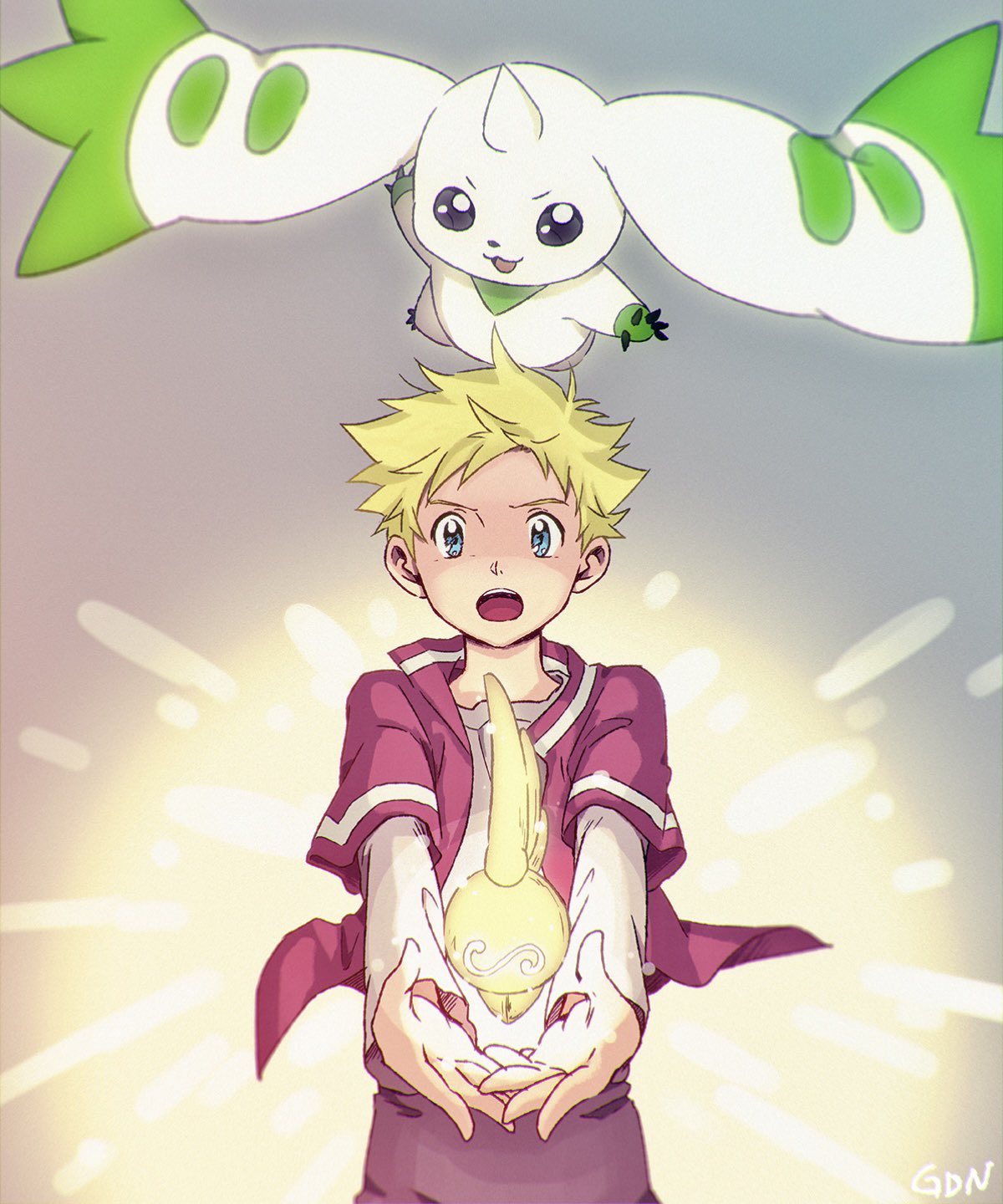 black_eyes blonde_hair crests_(digimon) digimental_of_fate digimon digimon_(creature) digimon_adventure_02:_digimon_hurricane_jouriku!!_chouzetsu_shinka!!_ougon_no_digimental highres horns jacket open_mouth teeth terriermon wallace_(digimon)