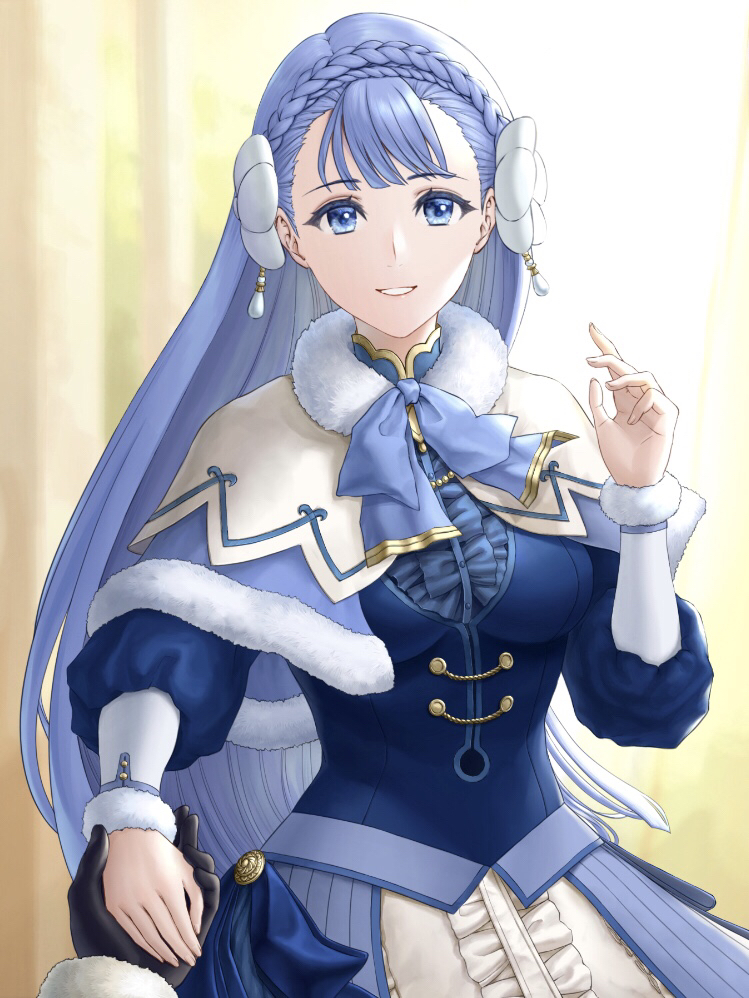 1girl black_gloves blue_capelet blue_eyes blue_hair blue_neckwear blue_shirt braid breasts capelet corset crown_braid dress_shirt female_focus fire_emblem fire_emblem_echoes:_shadows_of_valentia fur-trimmed_capelet fur-trimmed_sleeves fur_trim gloves grin hair_ornament holding_hands layered_capelet long_hair long_sleeves looking_at_viewer matching_hair/eyes medium_breasts nintendo rinea_(fire_emblem) rinea_(soiree)_(fire_emblem) shirt skirt smile standing uni_(uni9248) very_long_hair