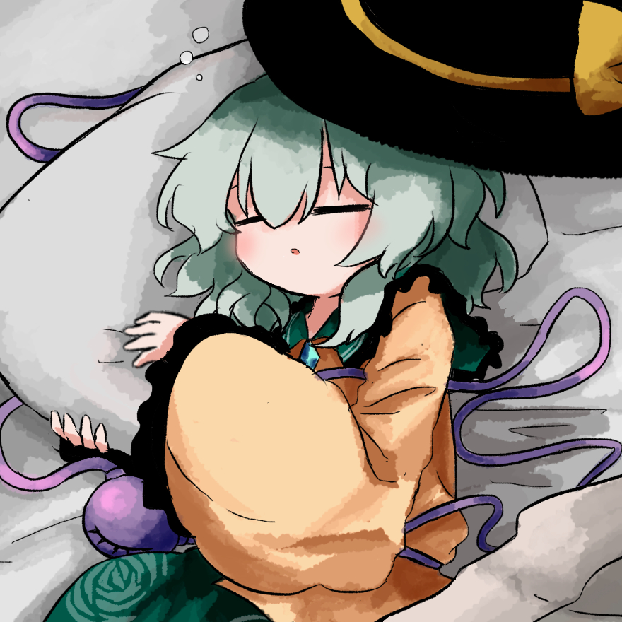 1girl bed_sheet black_hat buttons closed_eyes commentary_request diamond_button eyeball floral_print frilled_shirt_collar frilled_sleeves frills green_hair green_skirt hat hat_ribbon head_on_pillow heripantomorrow komeiji_koishi lying on_side pillow ribbon rose_print shirt skirt sleeping squeans third_eye touhou unworn_headwear yellow_ribbon yellow_shirt